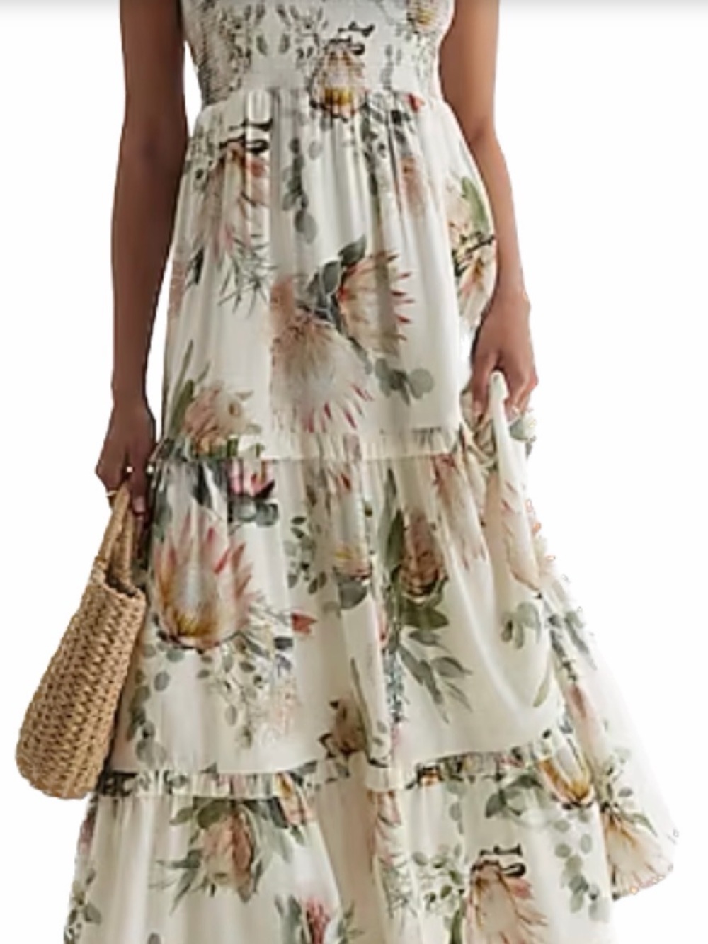 Express Linen Bland Floral Smocked Tiered Maxi Dress Size L - Picture 3 of 15